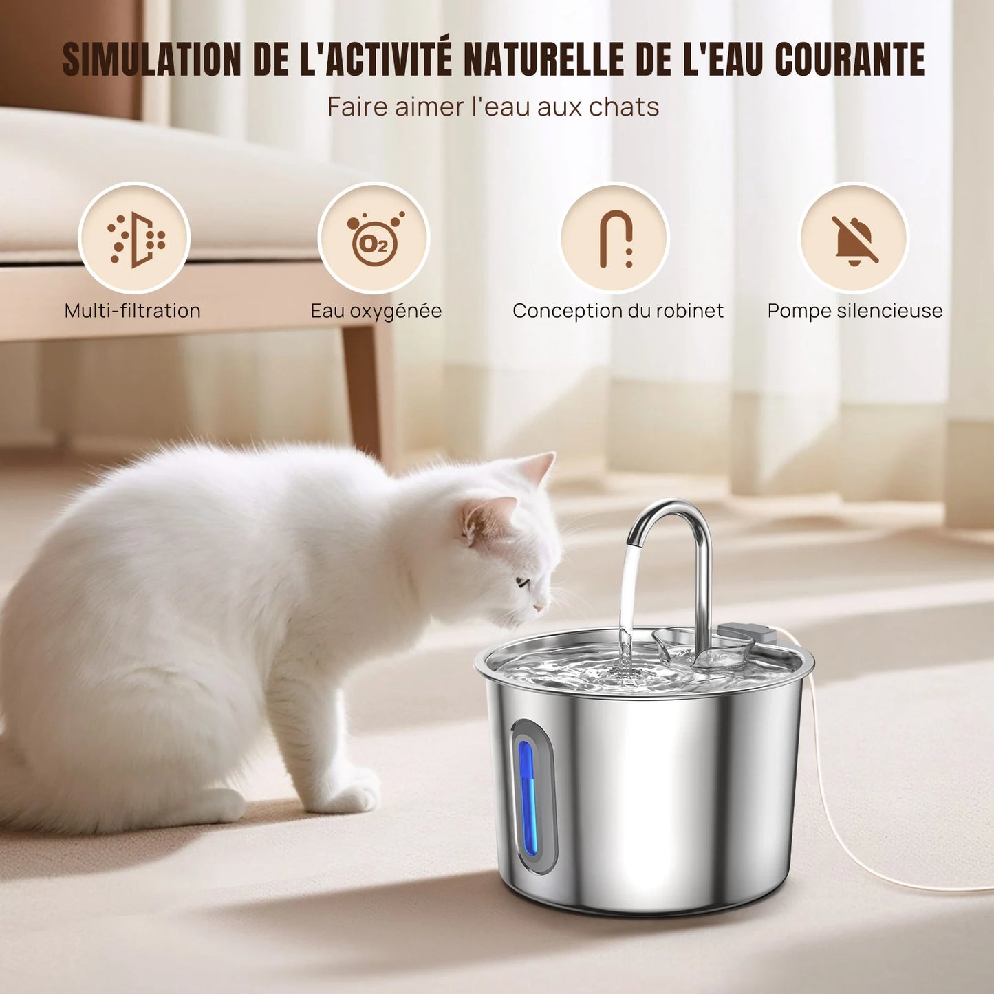 Fenêtre de niveau et voyant LED de la fontaine à eau