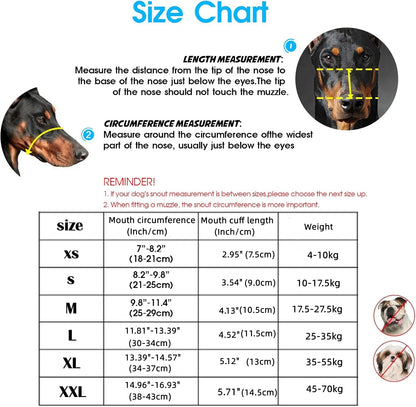 Guide des tailles XS à XXL de la muselière panier réfléchissante