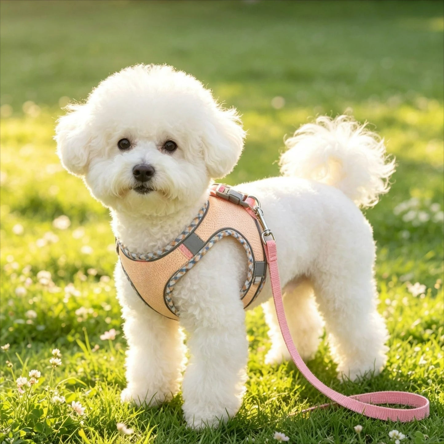 Chien portant l'ensemble harnais et laisse assorti
