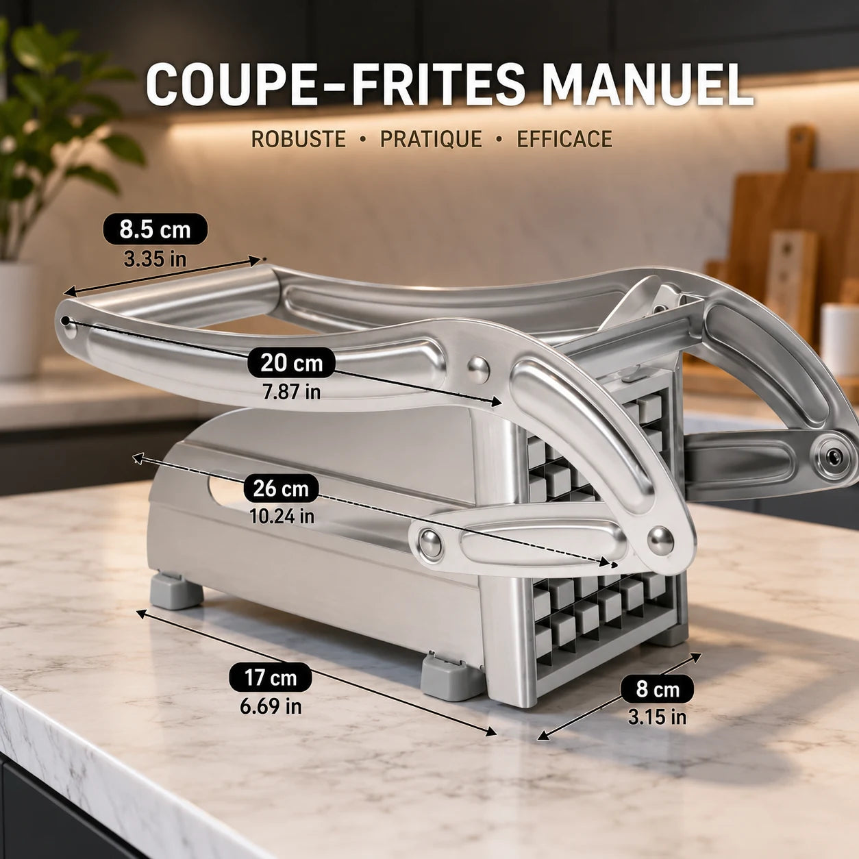 Coupe-frites manuel en acier inoxydable – dimensions 26 x 17 x 8 cm